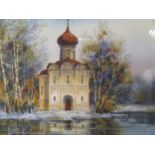 Six modern Russian watercolour landscapes with views of churches, sizes vary, two signed 'B C M 95r'