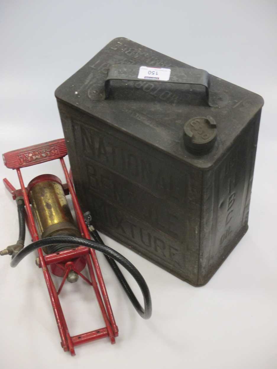 A National Benzole Mixture pertrol can with Esso cap, and a brass and painted foot pump