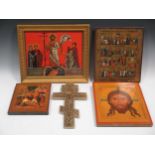 Three Russian/Greek icons painted on wood panels, 20th century, largest 36 x 30cm, another on board,