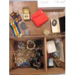 An oak box containing a quantity of jewelley, including a single white stone ring in a 9ct gold
