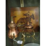 A copper samovar and a marquetry plaque of a rider jumping a fence (2)