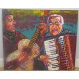 Gisella Stapleton (contemporary) Two musicians playing according and guitar, oil or acrulic on
