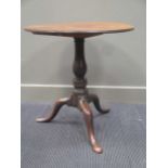 A George III mahogany circular tip top table on turned column and tripod legs (restoration and