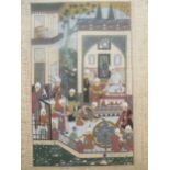 Five large Persian style Indian paintings, probably on silk, depicting traditional scenes with