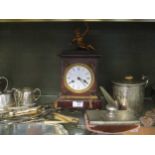 A French marble mantle clock mounted with a cherub, a Chinese bronze bowl and various items of