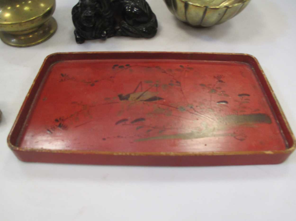 A Chinese red lacquered tray; a model Buddha; bronze lotus bowl, a vase and resin model of a water - Image 5 of 11