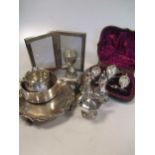 Two 3 piece condiment sets (one cased), a silver brandy pan, a silver double spirit measure, a