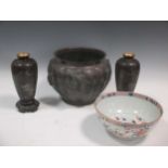 A Japanese Meiji period bronze bowl, a pair of lacquered vases and a Chinese imari bowl