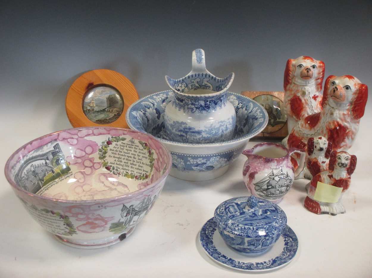 A Copeland Spode blue and white jug and bowl, a Sunderland lustre bowl printed with a view of the