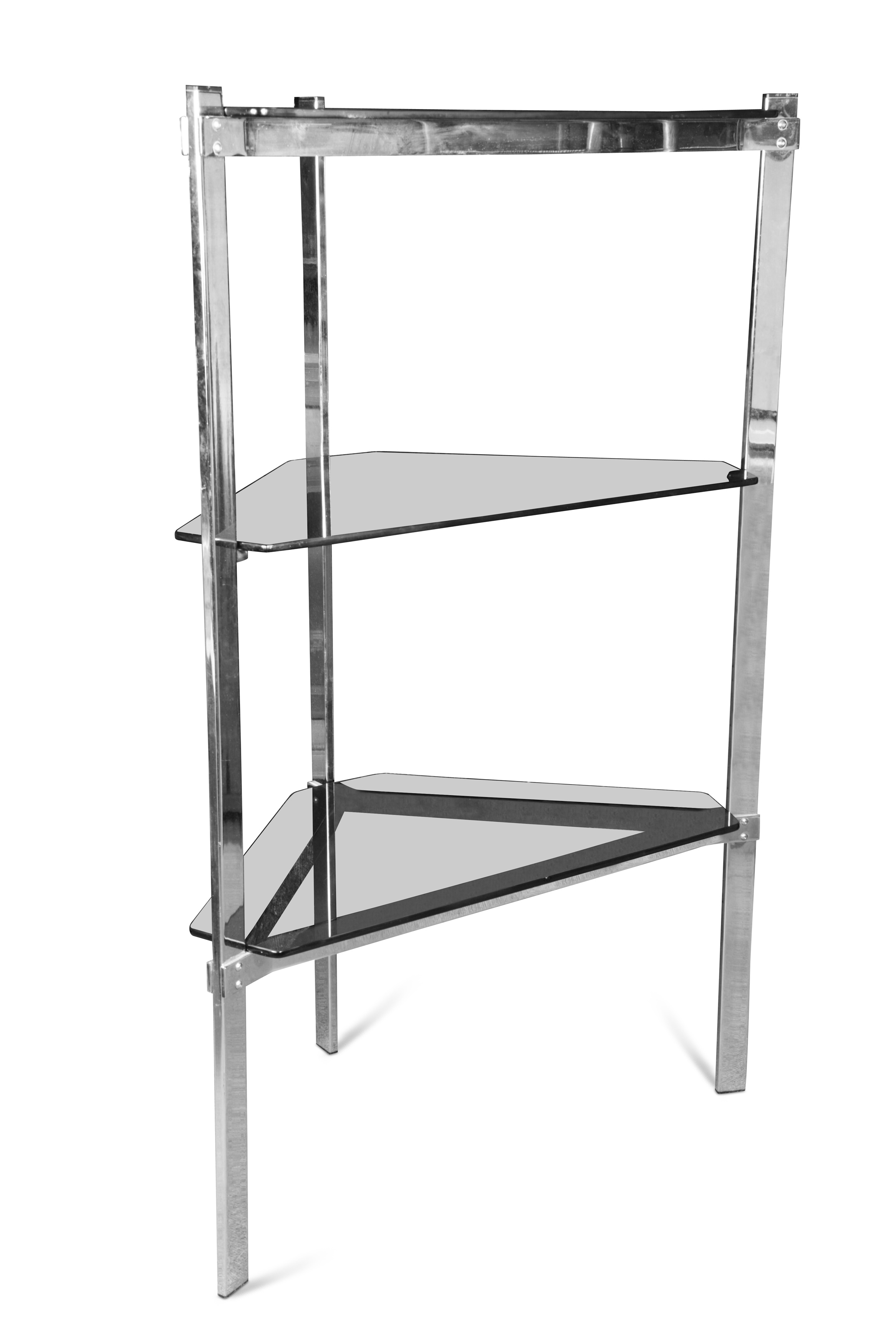 A set of free-standing chrome and smoke glass open shelves,