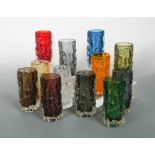 Geoffrey Baxter for Whitefriars, a collection of textured cylindrical bark vases,