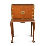 A brass mounted fiddleback mahogany chest on stand, late 19th century,