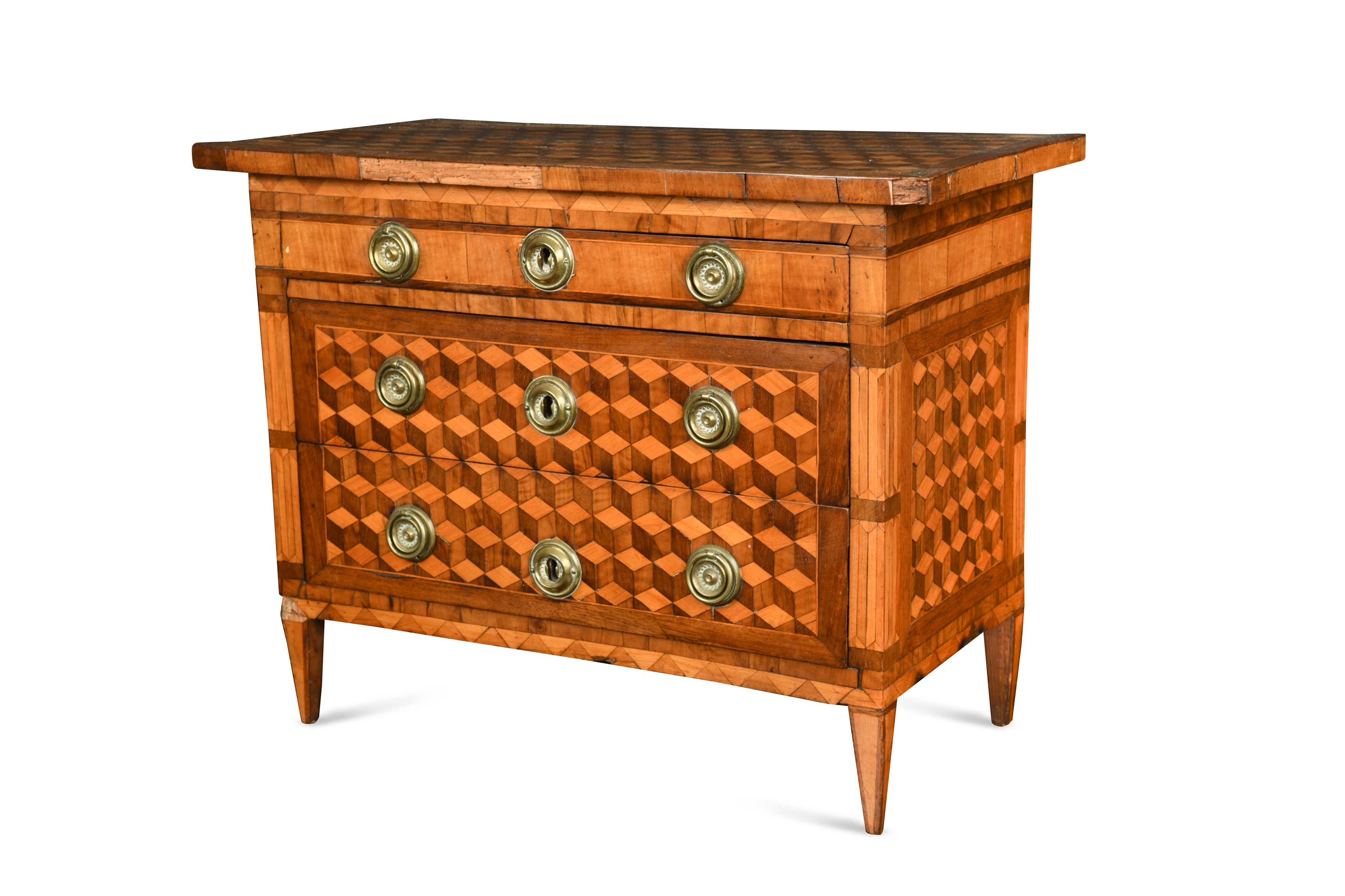 A small scale continental parquetry and marquetry commode, late 18th century,