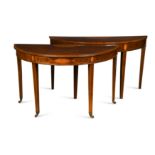 Two George III mahogany and satinwood demi-lune side tables,