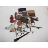 A box of miscellaneous objects to include, a Tunbridge ware box, silver topped bottle,