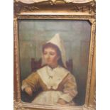 19th Century Continental School, A maid wearing a linen bonnet, oil on canvas. Two small still