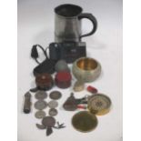 Various small items including compass, pewter tavern mug, coin faced penknife, etc