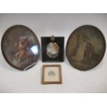 A 19th century portrait miniature of a young lady and two George III mezzotints