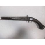 A continental flintlock pistol, signed lock and wirework inlaid walnut stock, 45cm