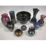 Royal Brierly, Isle of Wight and other iridescent glasswares, a small collection of vases and