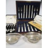 A cased pair of Scottish silver anointing spoons, together with a cased set of 6 grapefruit