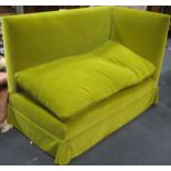A modern Colefax & Fowler green mohair- velvet corner banquette, with gingham fabric to the back and