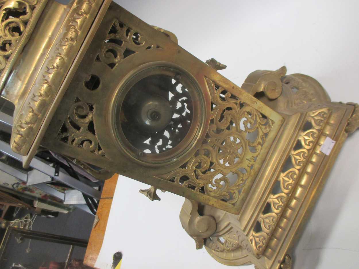 A large brass mantle clock, the white enamelled dial with Arabic numerals, 72cm high - Image 3 of 7