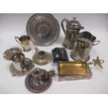 A silver ashtray and various items of plated ware to include tankards and a cigarette box