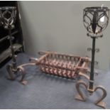 An Arts & Crafts fire basket and andirons