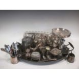 Two canteens of plated flatware, various trays, plated teasets, cruet items etc