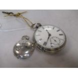 Victorian silver pocket watch with key, weight 151.3g and an Edwardian silver sovereign case