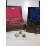 Tunbridge ware box with sewing accessories, work box with jewellery oddments, watches etc.