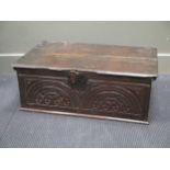 An 17th/18th century oak bible box 28 x 76 x 46cm