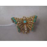 Turquoise, pearl and garnet butterfly brooch, hallmarked 9ct gold, weight 11.9g