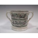 John & Robin Godwin, a large twin handled jug decorated with steeple chase engraving, marked to base