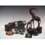 Two 19th Century tea cannisters with hinged lids, pewter cups etc.