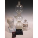 Laboratory glass flask, reproduction phrenology head, Sinclair calculator, light testing meter, etc