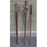 A broadsword with Damascus blade and makers stamp, 95cm, together with 2 similar swords.