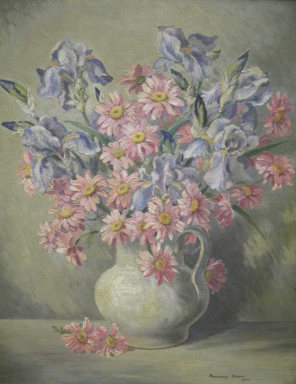 A 20th century still life of flowers in a white jug, signed lower right Rosemary Brown 1952,oil on