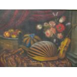 A still life of musical instruments, flowers and fruit, oil on canvas, 92.5 x 112cm