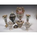 A collection of continental porcelain to include a Sevres style two-handled vase, a pair of gilt