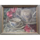 Still life of a tea cup and saucer signed and dated '.Bell.1947' (top right); reverse of frame and