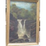 English School (19th century) A mountainous landscape with a waterfall oil on board indistinctly