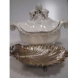 White faience tureen and cover, with silver plate scallop shell dish (2)
