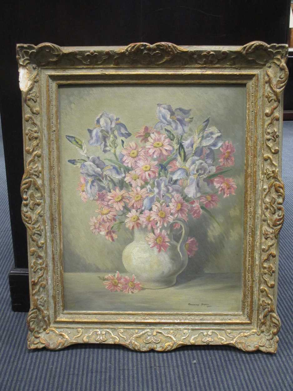 A 20th century still life of flowers in a white jug, signed lower right Rosemary Brown 1952,oil on - Image 2 of 4