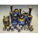 A collection of cobalt blue and gilt decorated wares, including Wardle, Forrester, Coalport and