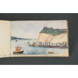 A small cloth bound sketch book comprising thirty-eight drawings and watercolours depicting views of
