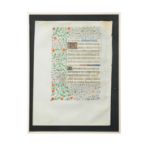 A group of framed Medieval illuminated leaves,