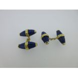 A pair of lapis lazuli and seed pearl chain cufflinks,