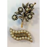 A diamond and pearl flower brooch and an unusual shaped mourning brooch,